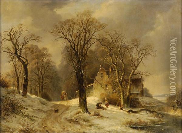 Winterlandschaft Mit Reisigsammler Und Kutsche. Oil Painting - Frans Arnold Breuhaus de Groot