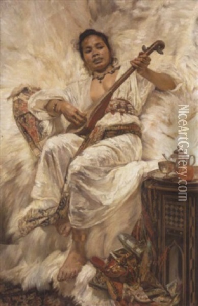 An Oriental Woman Playing The Mandolin Oil Painting - Jean C. Ubaghs
