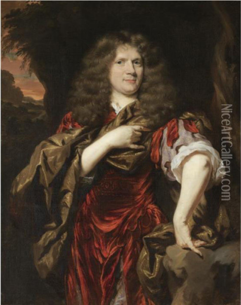 Portrait Of Laurence Hyde, 1st 
Earl Of Rochester (1641-1711), Three-quarter Length, Wearing A Red Tunic
 And Standing In A Landscape Oil Painting - Nicolaes Maes
