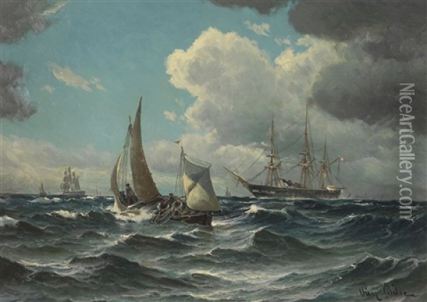 Fischerboot Und Dampfsegler Auf Bewegter See Oil Painting - Vilhelm Victor Bille