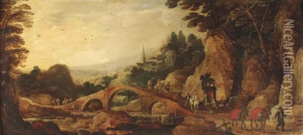 A River Landscape With Travellers On A Path, A Village Beyond Oil Painting - Philips de Momper the Elder