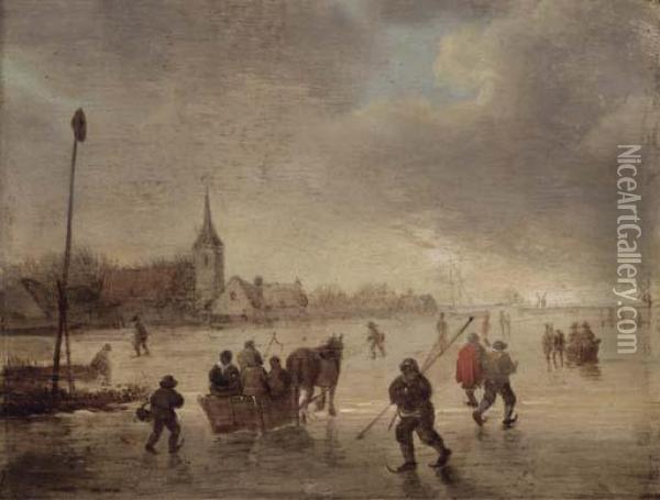 A Winter Landscape With Skaters And Kolf Players On A Frozenlake Oil Painting - Jan van Goyen