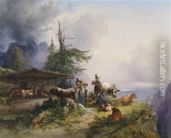Eine Alpenwirtschaft Am Untersberg In Salzburg Mit Vielen Tieren Oil Painting - Friedrich Gauermann