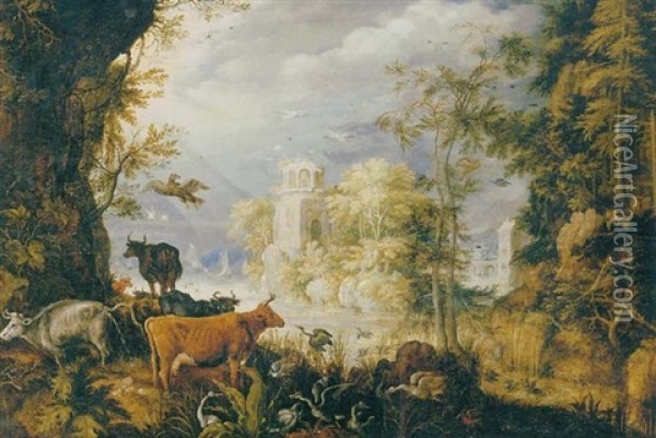 A Wooded Landscape With Cows, Birds And Other Animals By A Lake, With A Village Beyond Oil Painting - Roelandt Savery