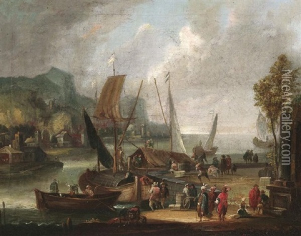 Segelschiffe An Der Kaimauer Einer Sudlandischen Hafenstadt Oil Painting - Pieter Bout