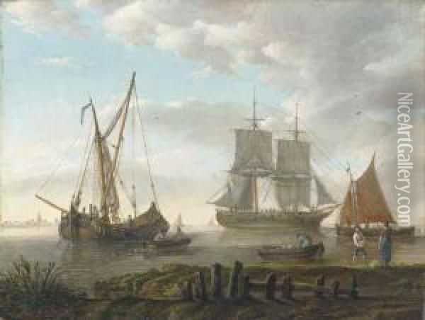 A Dutch Warship And Fishing Craft Off A Coast Oil Painting - Jan Van Leyden