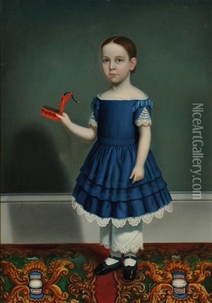 Portrait Of A Child Wearing A Blue Dress, Holding A Tinware Toy Pump Oil Painting - William Thompson Bartoll