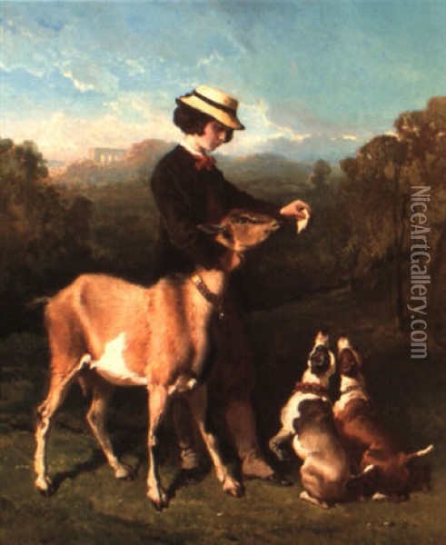 A Girl Feeding A Goat In An Extensive Landscape Oil Painting - Alfred De Dreux