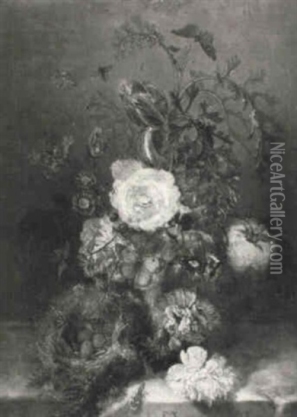 Bouquets De Fleurs Sur Un Entablement Avec Nid D'oiseau Oil Painting - Emmanuel Steiner