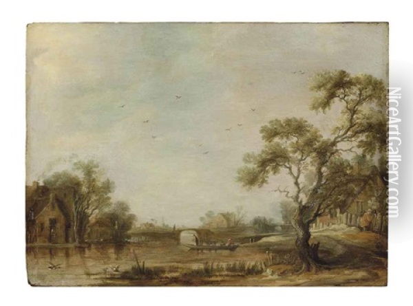 A River Landscape With A Village, Figures Crossing In A Ferry By A Bridge, A Church Beyond Oil Painting - Jacob Van Der Croos