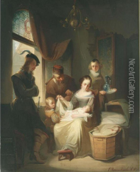 Admiring The Newborn Oil Painting - Casimir Van Den Daele