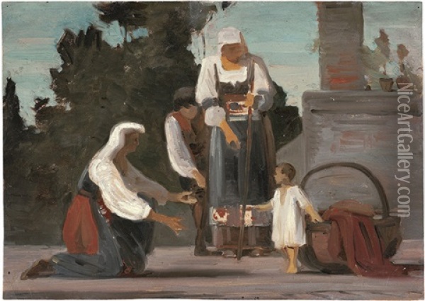 Italienerinnen Und Ein Kleinkind Im Garten Oil Painting - Ernst Friedrich August Rietschel