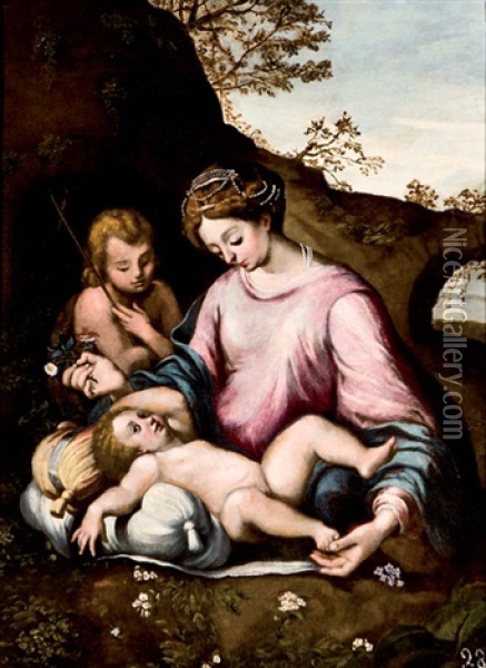 Virgen Con Nino Y San Juanito Oil Painting - Girolamo Mazzola Bedoli