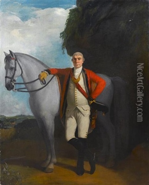 A Portrait Of An Infantry Officer Of The Honourable East India Company Standing, Full-length, By His Horse, A Landscape Beyond Oil Painting - John Thomas (Seaton) Seton