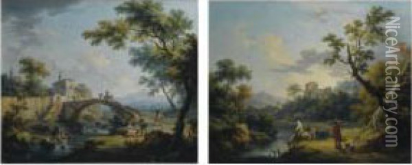 Paesaggio Fluviale Con Ponte E Viandanti; E Paesaggio Fluviale Con Viandanti Oil Painting - Vittorio Amedeo Cignaroli