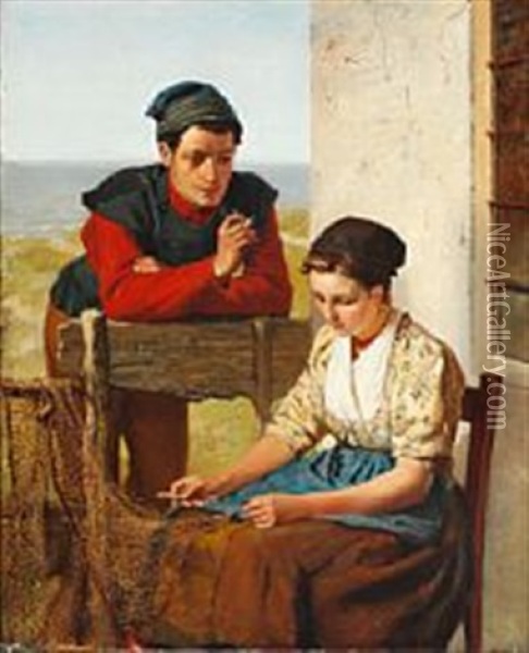 A Young Fisherman Flirting With A Girl Repairing A Fishing Net Oil Painting - Johannnes Marinus Schmidt Crans
