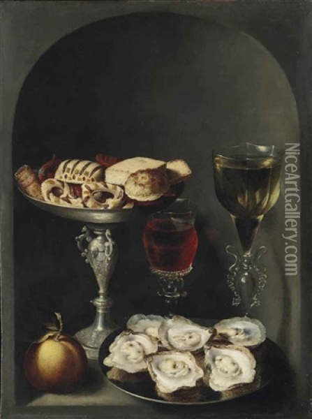 Oysters On A Pewter Plate, Sweetmeats And Biscuits In A Silver Tazza, Two Facon-de-venise Wine Glasses And An Orange In A Niche Oil Painting - Osias Beert the Elder