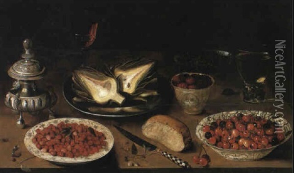 Pewter Plate With Artichoke, Berries And Dishes On A Table Oil Painting - Osias Beert the Elder