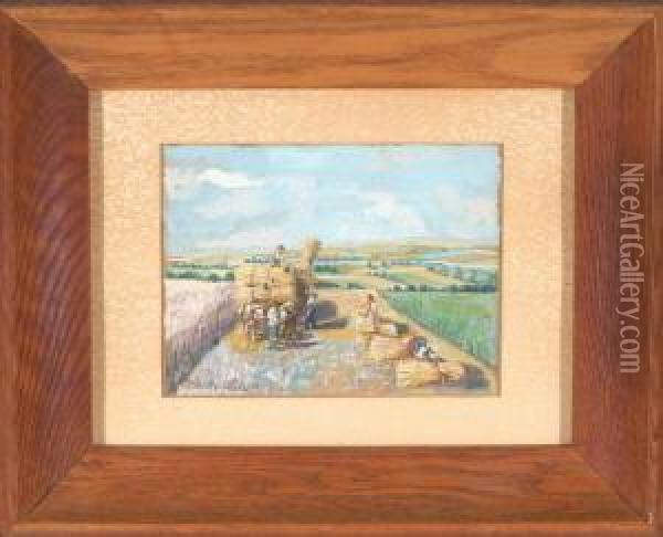 Getreideernte In Weiter Landschaft Oil Painting - Otto Bernlohr