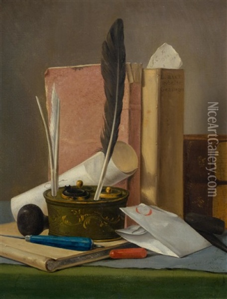 Still-life With Books And Writing Instruments Oil Painting - Anthony Oberman