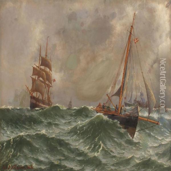 Sailing Ships In High Waves Oil Painting - Johann Jens Neumann