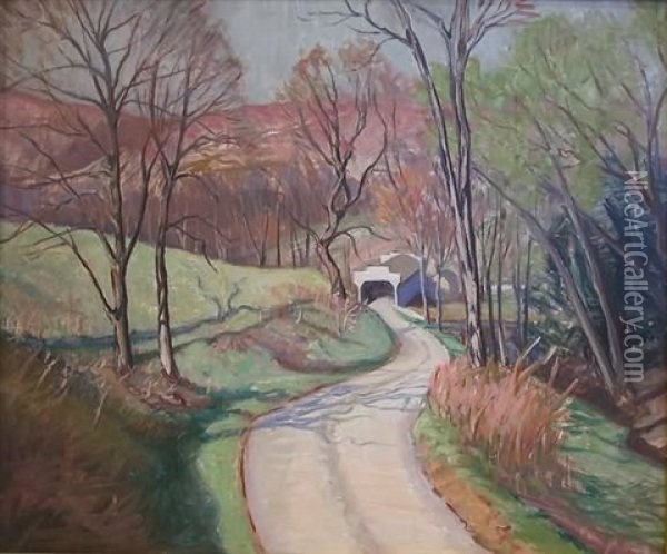 Spring Landscape With Covered Bridge Oil Painting - Walter Mattern