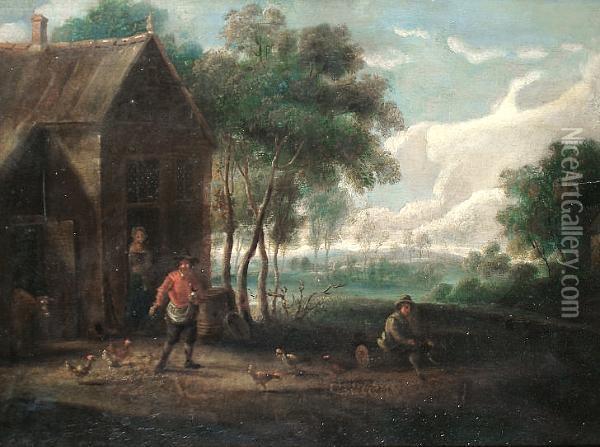 A Farmyard Scene With Chickens And A Cowbears Signature 'wm Collins' (lower Left) Oil Painting - David The Younger Teniers