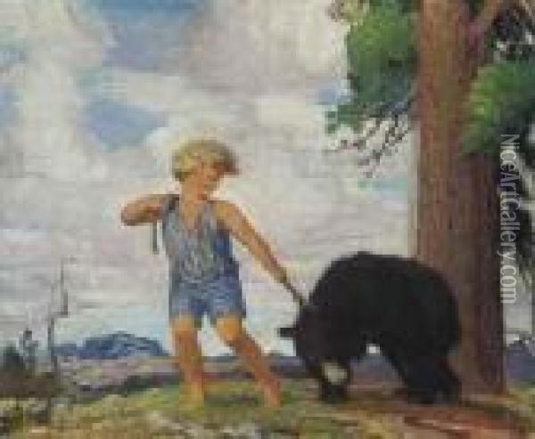 A Child Leading A Bear Oil Painting - George Spencer Watson