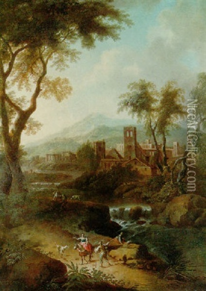 An Italianate Wooded River Landscape With Travellers On A Path, A Town Beyond Oil Painting - Vittorio Amadeo Cignaroli