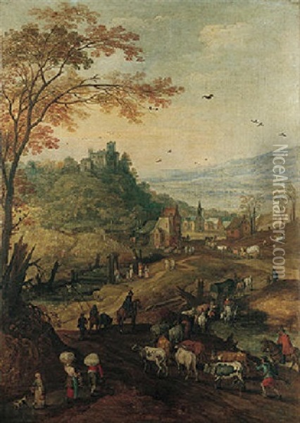 A Rocky Landscape With Cattle Travelling On A Road Oil Painting - Joos de Momper the Younger