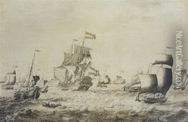 Vaisseau De Guerre Des Provinces-unies Et Autres Bateaux Sur Une Mer Agitee Oil Painting - Adriaen Van Salm