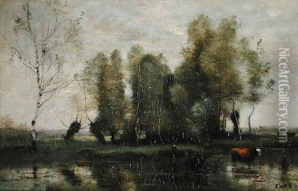 Trees in a Marshy Landscape, c.1855-60 Oil Painting - Jean-Baptiste-Camille Corot