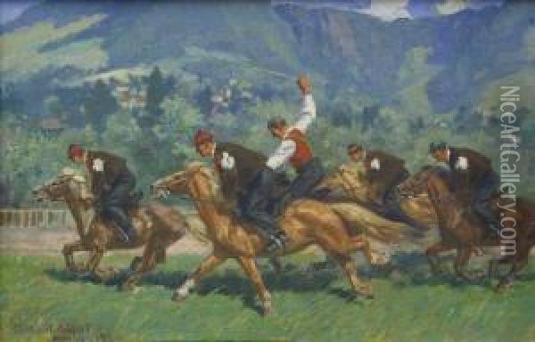 Pferderennen Vor Alpiner Landschaft Oil Painting - August Von Meissl