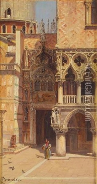 Entrance To The Doge's Palace (the Ricci Staircase; 2 Works) Oil Painting - Antonietta Brandeis