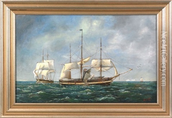 A Whale Ship On The Northwest Coast Cutting In A Right Whale Oil Painting - John I. Coggeshall