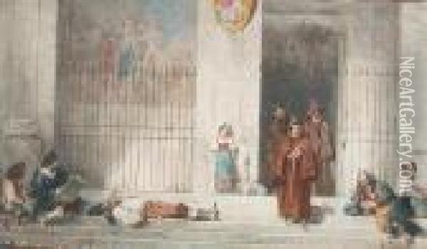 Capuchin Monks Outside A Church Oil Painting - Pio Joris