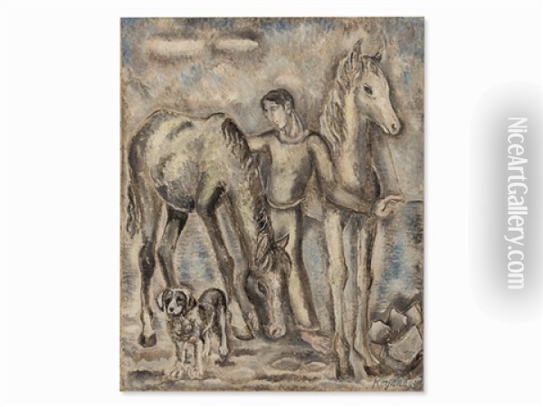 Man With Horses Oil Painting - Sei Koyanagui