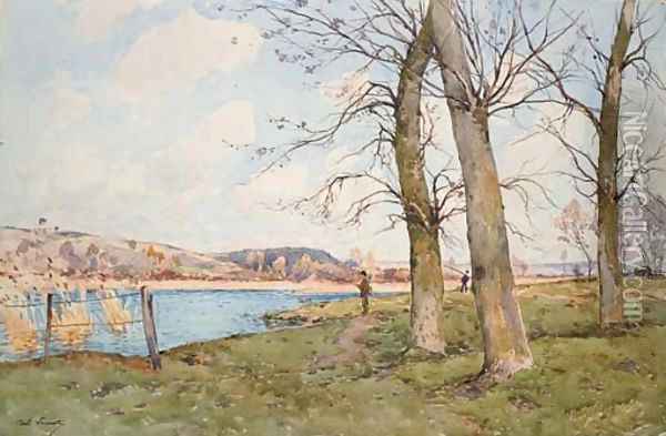 Paysage avec des pecheurs au bord d'une riviere Oil Painting - Paul Lecomte