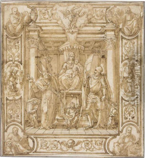 Design For A Banner: The Madonna And Child Enthroned, Flanked By Two Saints, St.george On The Right, The Four Evangelists At The Corners, Part Of A Decorative Border Oil Painting - Antonio Vassilacchi L'Aliense