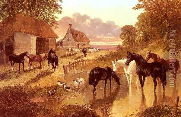 The Evening Hour, Horses And Cattle By A Stream At Sunset Oil Painting - John Frederick Herring Snr