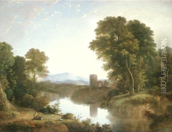 Landscape With River And Castle Ruin Beyond Oil Painting - William Traies
