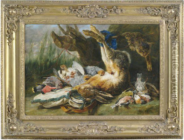 Jagdstilleben Mit Erlegtem Hasen, Wildvogeln Und Einer Katze Oil Painting - Jan Fyt
