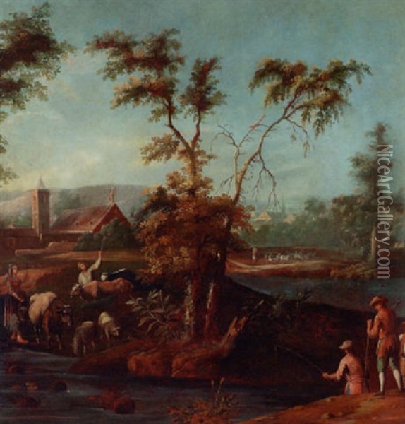 A River Landscape With Fishermen And Drovers, A Town Beyond Oil Painting - Scipione Cignaroli