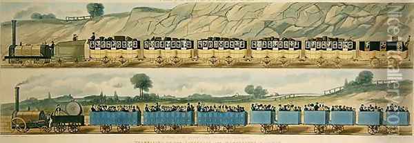 Travelling on the Liverpool and Manchester Railway A Train of the First Class of Carriages with the Mail, and A Train of the Second Class for Outside Passengers, engraved by S.G. Hughes, 1831 Oil Painting - Isaac Shaw