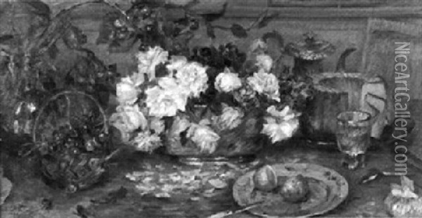 Stilleben Mit Blumen, Kirschen Und Kuchen Oil Painting - Marie Louise Catherine Breslau
