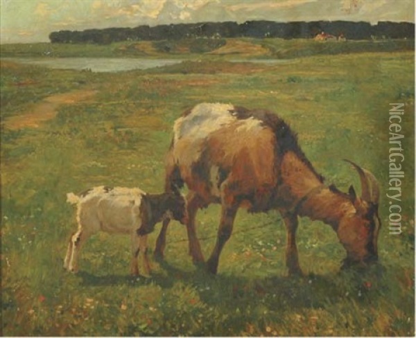 Goats In A Flowering Sunlit Meadow Oil Painting - Hans Schmidt