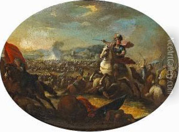 A Battle Scene With A Mounted Warrior In Theforeground Oil Painting - Francesco Allegrini