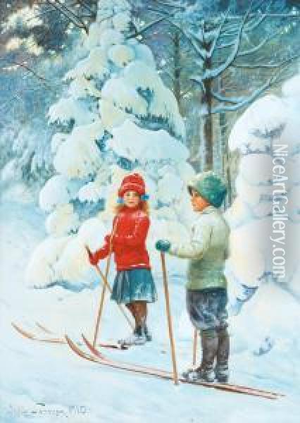 Skiing Children Oil Painting - Jenny Nystrom