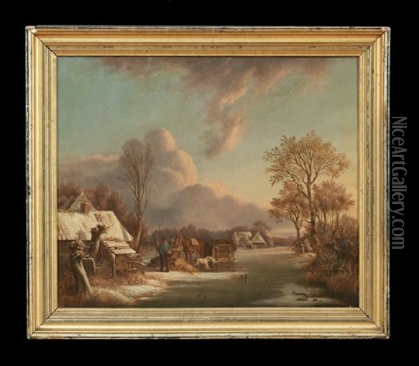 Winter Village Scene Oil Painting - Simon Andreas Krausz