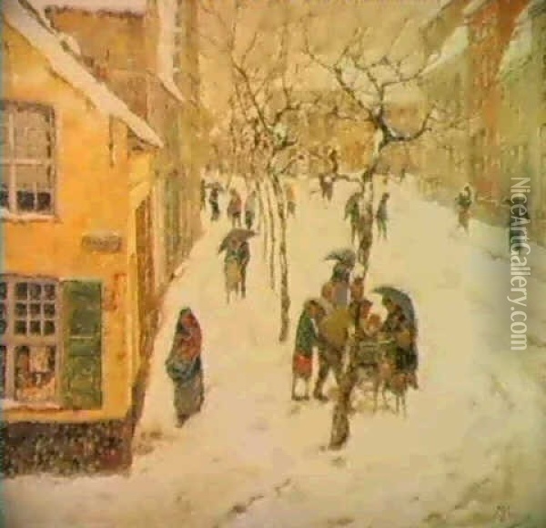 Vlaamsch Dorp In De Sneeuw. Village Flamand Sous La Neige. Oil Painting - Modest Huys